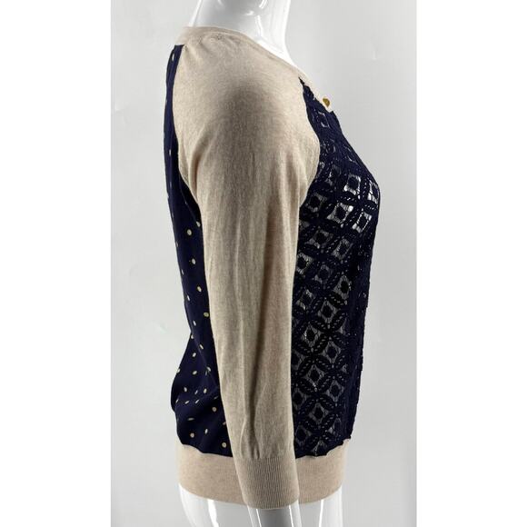 Camellia Cardigan Sweater Womens Size Medium Navy Blue Tan Lace Semi Sheer Front - Picture 3 of 6